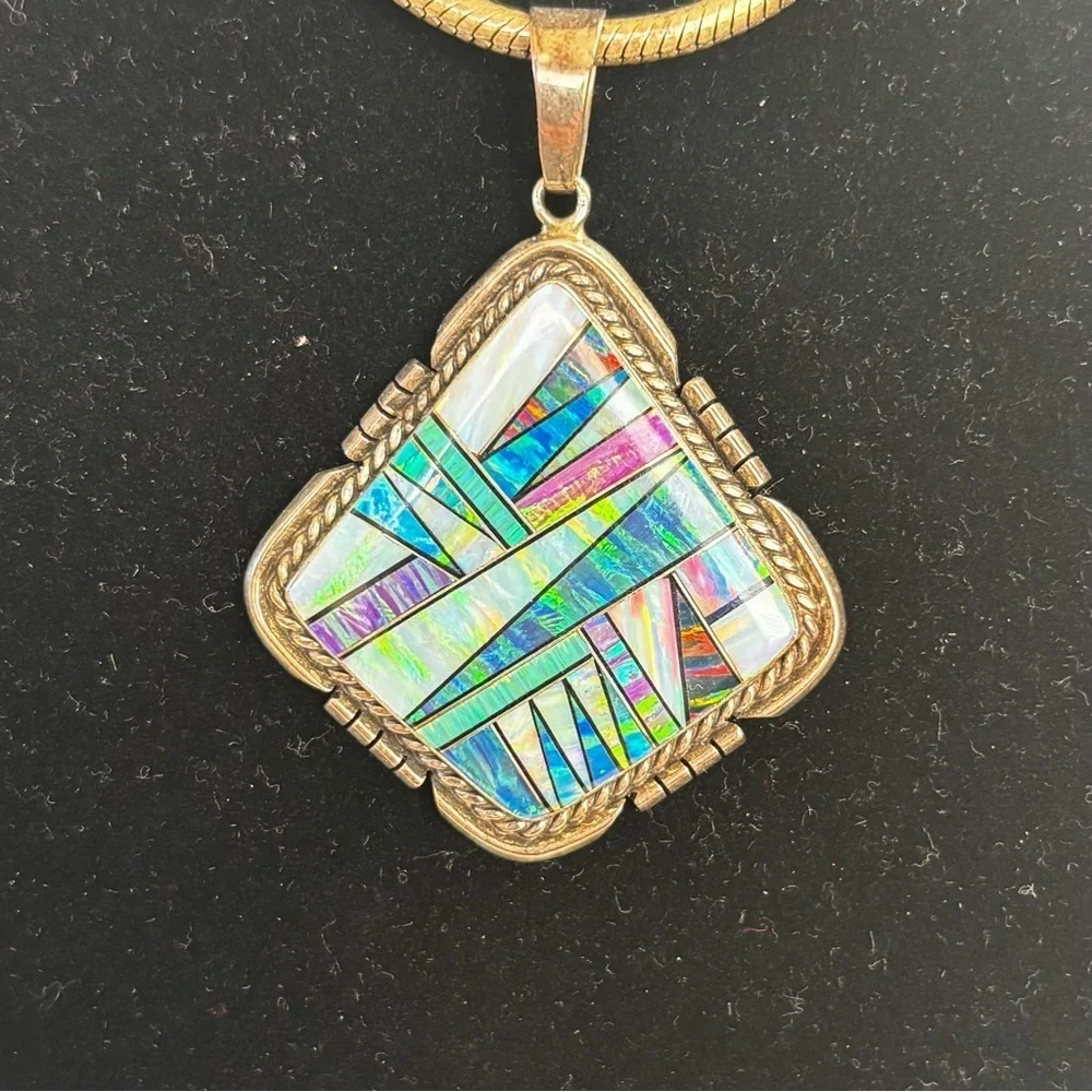 Navajo TS Sterling Silver Dichroic Glass Multicolor Pendant & Necklace Italy 925